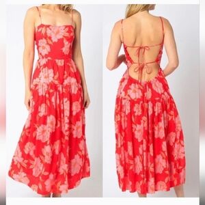 Olivaceous Red Floral Midi Dress